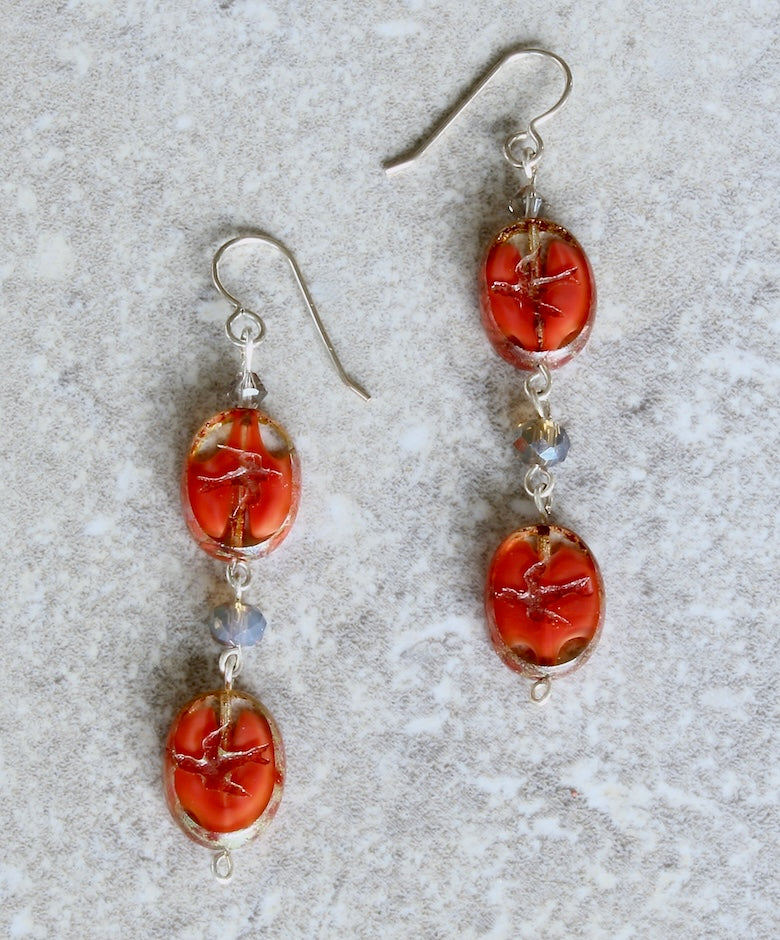 Coral-Splashed Czech Bird Print Earrings with Sterling Silver