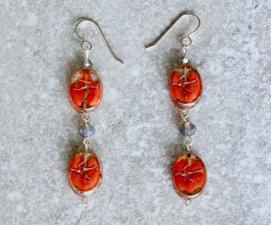 Coral-Splashed Czech Bird Print Earrings with Sterling Silver