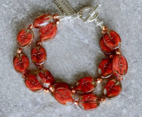 Coral Splash Oval Bead 2-Strand Bracelet with Czech Fire Polished Glass and Sterling Silver