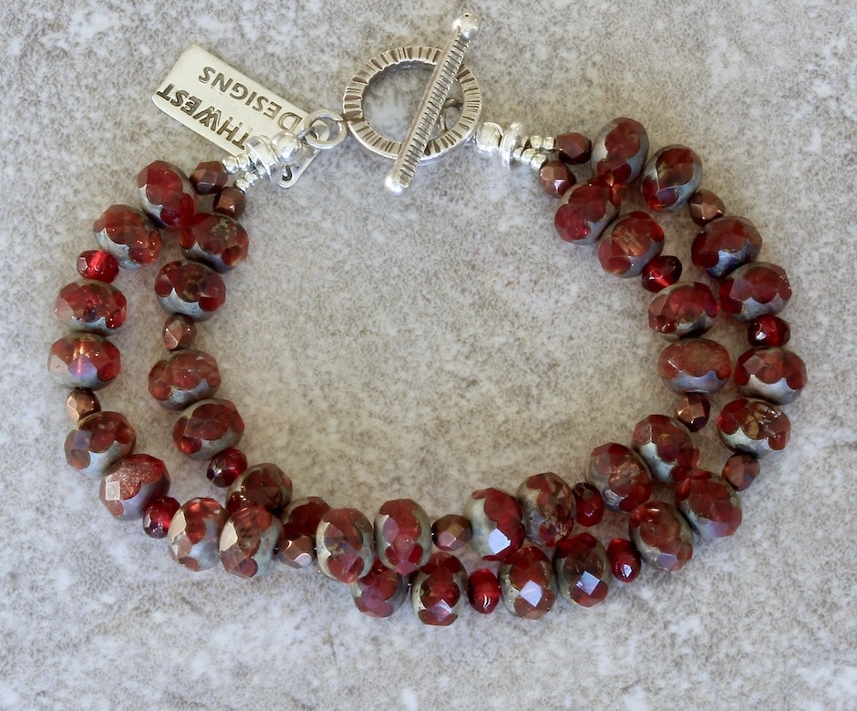 Cranberry Czech Luster Glass 2-Strand Bracelet with Czech Fire Polished Glass and a Sterling Silver Toggle Clasp