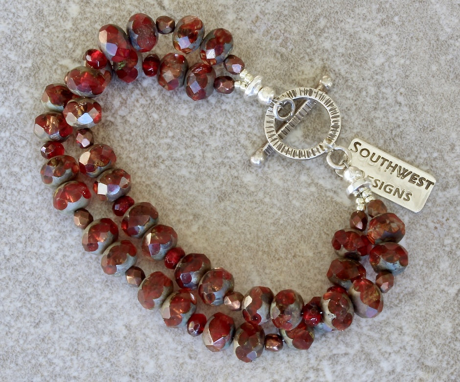 Cranberry Czech Luster Glass 2-Strand Bracelet with Czech Fire Polished Glass and a Sterling Silver Toggle Clasp