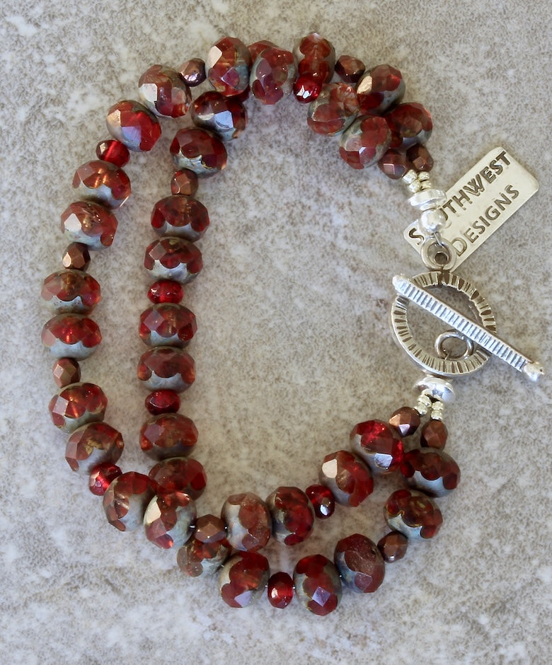 Cranberry Czech Luster Glass 2-Strand Bracelet with Czech Fire Polished Glass and a Sterling Silver Toggle Clasp