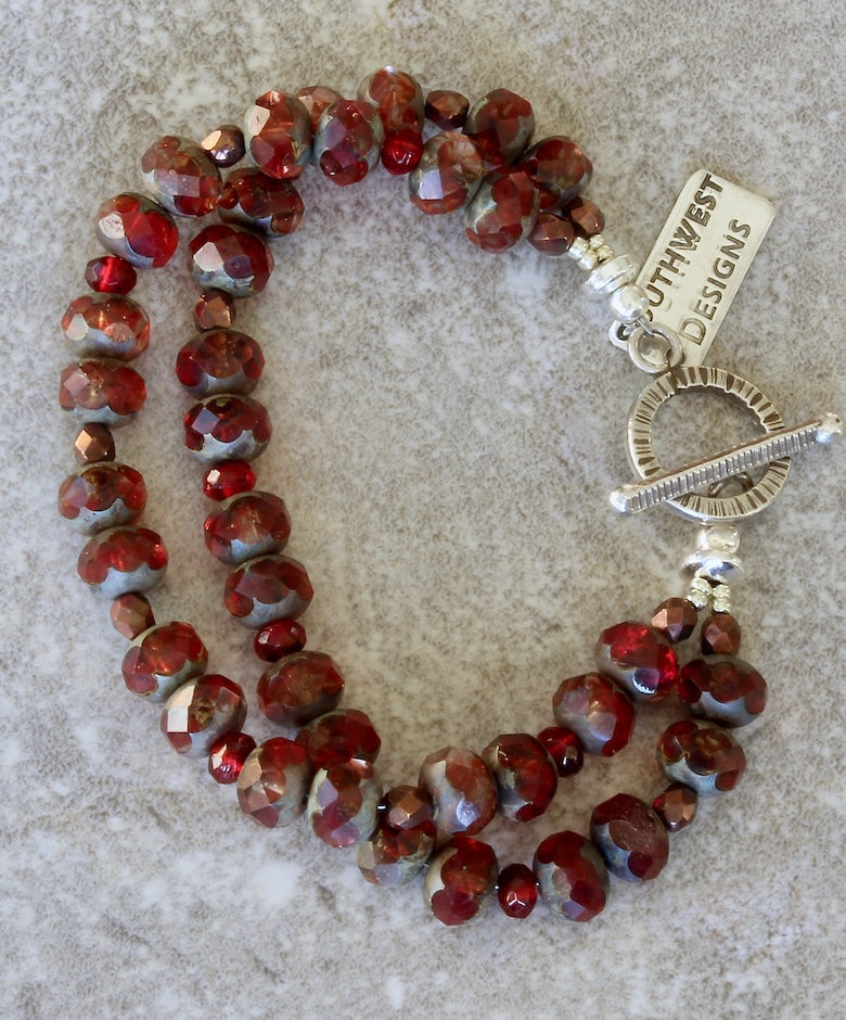 Cranberry Czech Luster Glass 2-Strand Bracelet with Czech Fire Polished Glass and a Sterling Silver Toggle Clasp