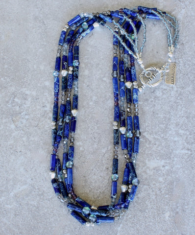 Dark Blue Sea Sediment Jasper Cylinder Bead 4-Strand Necklace with Czech Glass and Sterling Silver