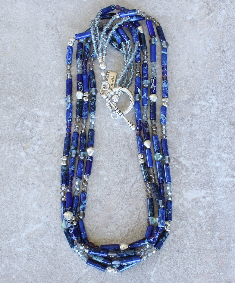 Dark Blue Sea Sediment Jasper Cylinder Bead 4-Strand Necklace with Czech Glass and Sterling Silver