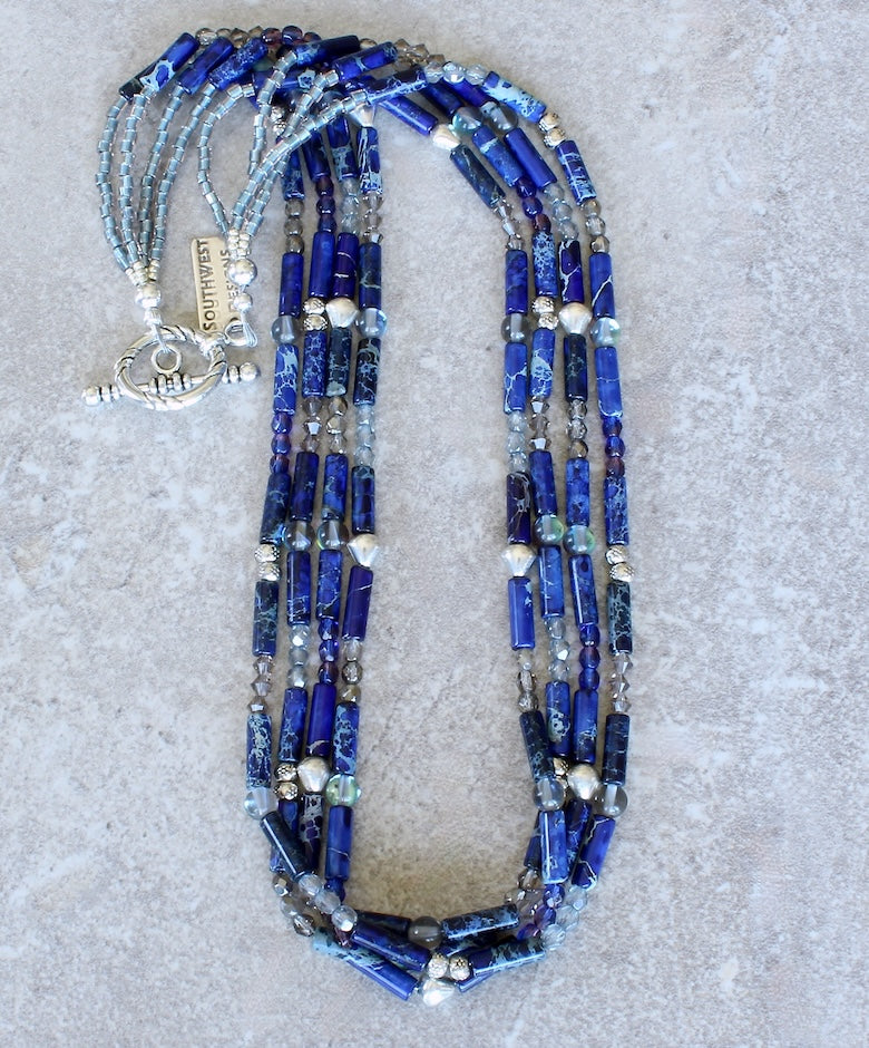 Dark Blue Sea Sediment Jasper Cylinder Bead 4-Strand Necklace with Czech Glass and Sterling Silver