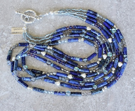 Dark Blue Sea Sediment Jasper Cylinder Bead 4-Strand Necklace with Czech Glass and Sterling Silver