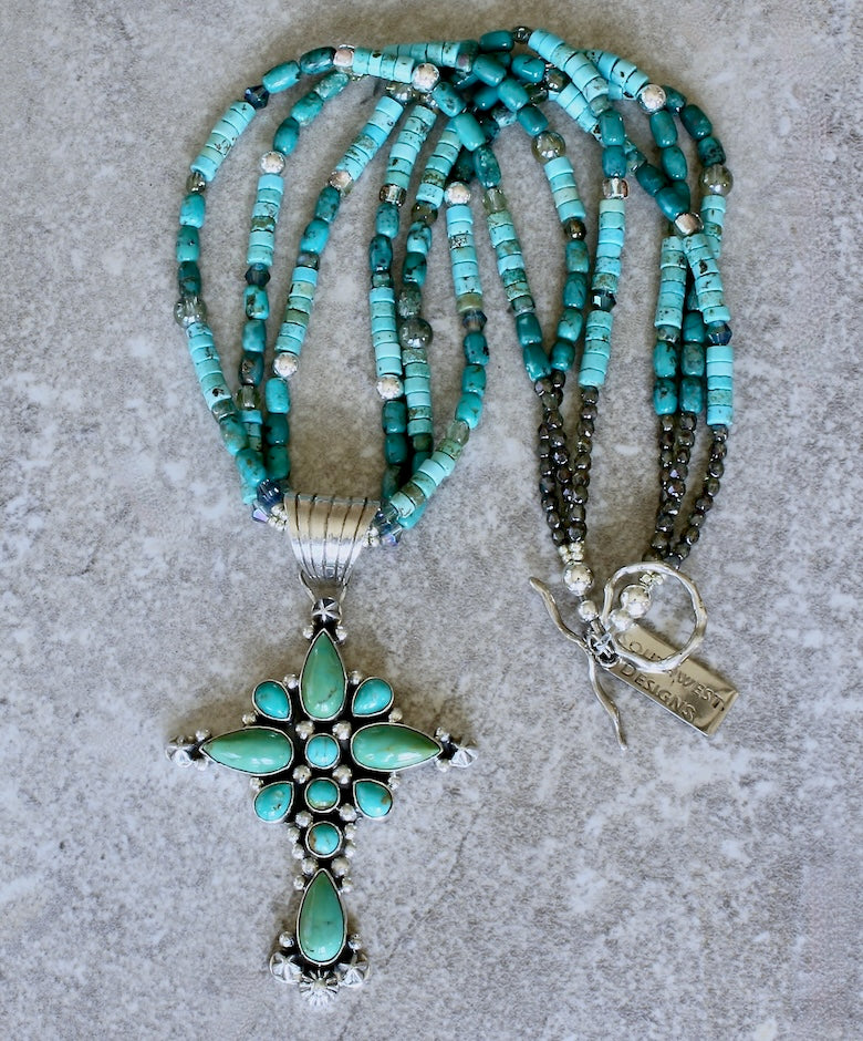 Dan Dodson 11-Stone Turquoise and Sterling Silver Cross Pendant with 3 Strands of Turquoise, Czech Glass and Sterling Silver