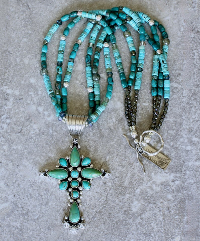 Dan Dodson 11-Stone Turquoise and Sterling Silver Cross Pendant with 3 Strands of Turquoise, Czech Glass and Sterling Silver