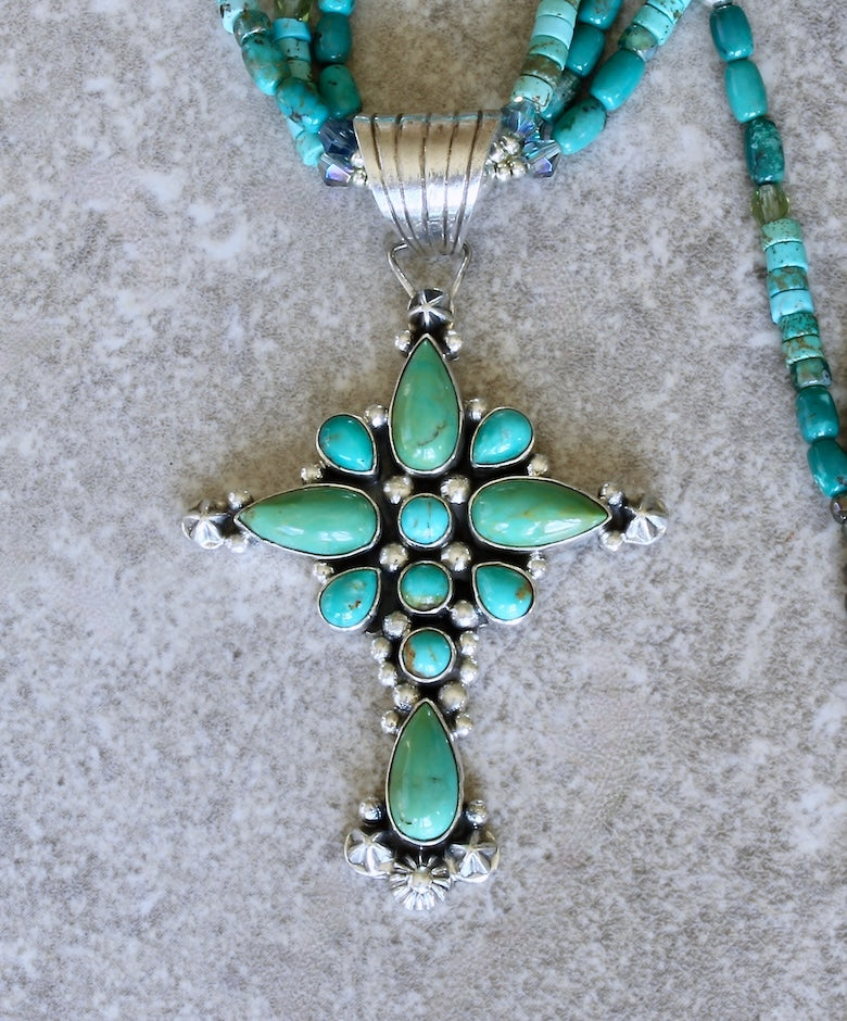 Dan Dodson 11-Stone Turquoise and Sterling Silver Cross Pendant with 3 Strands of Turquoise, Czech Glass and Sterling Silver