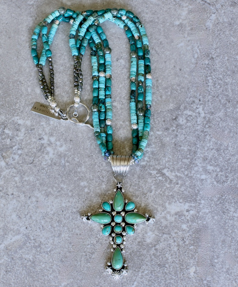 Dan Dodson 11-Stone Turquoise and Sterling Silver Cross Pendant with 3 Strands of Turquoise, Czech Glass and Sterling Silver