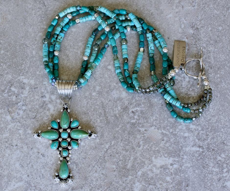 Dan Dodson 11-Stone Turquoise and Sterling Silver Cross Pendant with 3 Strands of Turquoise, Czech Glass and Sterling Silver