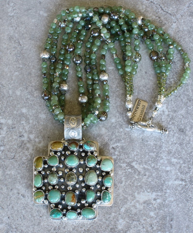 Dan Dodson 21-Stone Turquoise & Sterling Silver Cross Pendant with 4 Strands of Apatite, Czech Glass and Sterling Silver