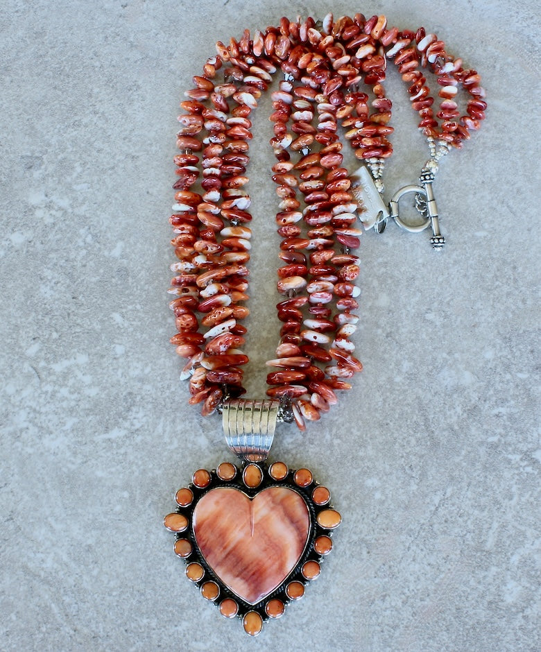 Dan Dodson Spiny Oyster Shell and Sterling Silver Heart Pendant with 3 Strands of Spiny Oyster Shell Nuggets