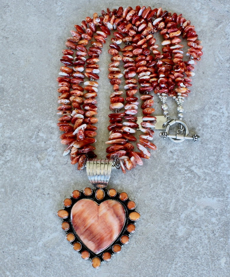 Dan Dodson Spiny Oyster Shell and Sterling Silver Heart Pendant with 3 Strands of Spiny Oyster Shell Nuggets