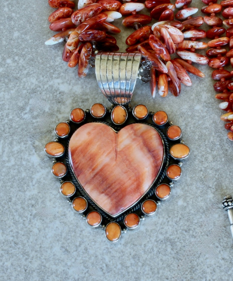 Dan Dodson Spiny Oyster Shell and Sterling Silver Heart Pendant with 3 Strands of Spiny Oyster Shell Nuggets
