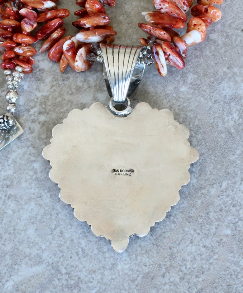 Dan Dodson Spiny Oyster Shell and Sterling Silver Heart Pendant with 3 Strands of Spiny Oyster Shell Nuggets