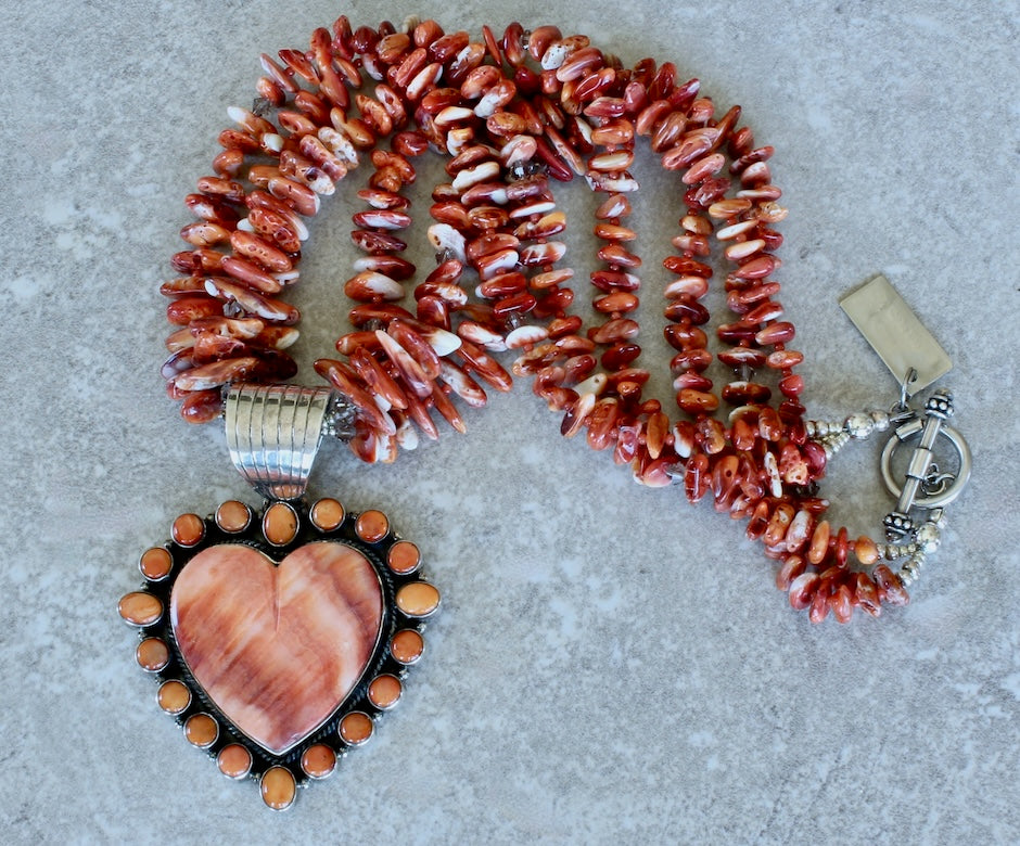 Dan Dodson Spiny Oyster Shell and Sterling Silver Heart Pendant with 3 Strands of Spiny Oyster Shell Nuggets