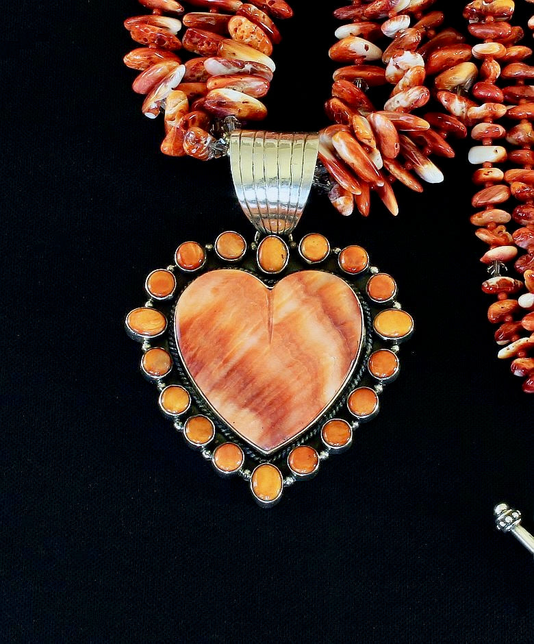 Dan Dodson Spiny Oyster Shell & Sterling Silver Heart Pendant with 3 Strands of Spiny Oyster Shell Nuggets