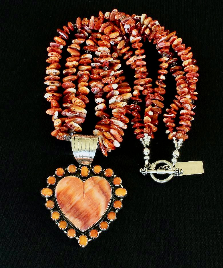 Dan Dodson Spiny Oyster Shell & Sterling Silver Heart Pendant with 3 Strands of Spiny Oyster Shell Nuggets