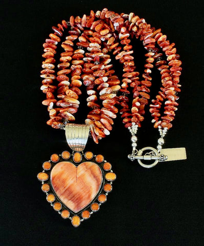 Dan Dodson Spiny Oyster Shell & Sterling Silver Heart Pendant with 3 Strands of Spiny Oyster Shell Nuggets
