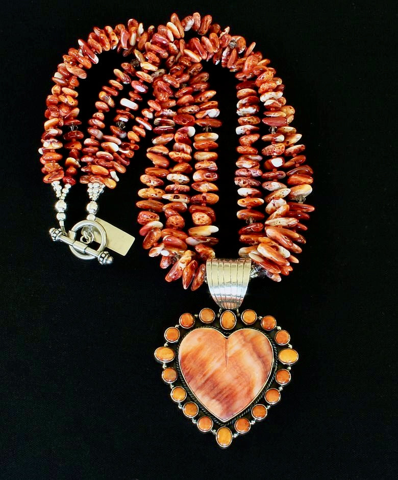 Dan Dodson Spiny Oyster Shell & Sterling Silver Heart Pendant with 3 Strands of Spiny Oyster Shell Nuggets