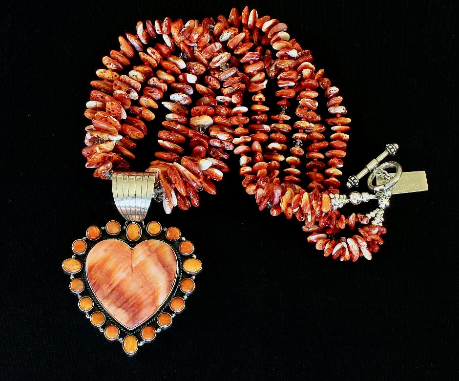 Dan Dodson Spiny Oyster Shell & Sterling Silver Heart Pendant with 3 Strands of Spiny Oyster Shell Nuggets