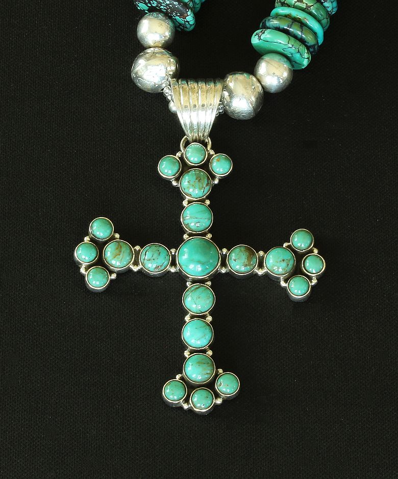 Dan Dodson 22-Stone Turquoise and Sterling Silver Cross Pendant with Graduated Turquoise Disc and Sterling Silver Beads & Toggle Clasp