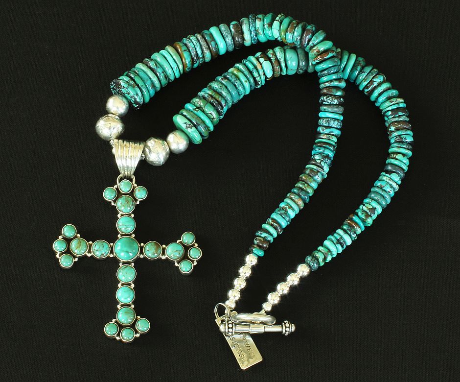 Dan Dodson 22-Stone Turquoise and Sterling Silver Cross Pendant with Graduated Turquoise Disc and Sterling Silver Beads & Toggle Clasp