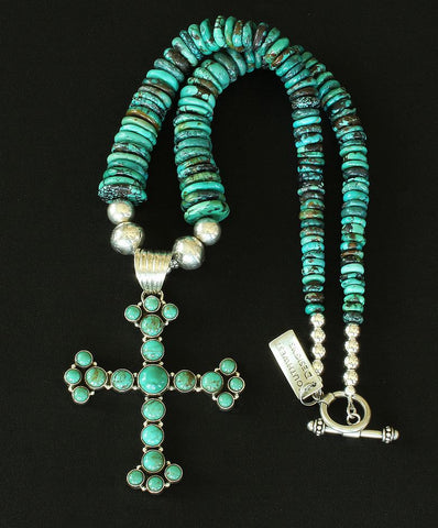 Dan Dodson 22-Stone Turquoise and Sterling Silver Cross Pendant with Graduated Turquoise Disc and Sterling Silver Beads & Toggle Clasp