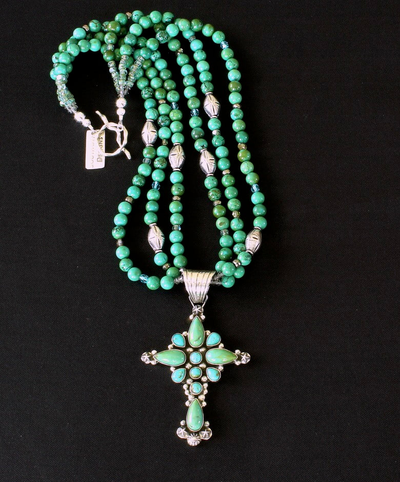 Dan Dodson 11-Stone Turquoise & Sterling Silver Cross with 3-Strand Turquoise Necklace