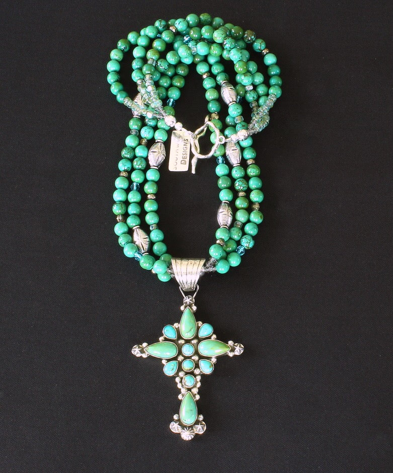 Dan Dodson 11-Stone Turquoise & Sterling Silver Cross with 3-Strand Turquoise Necklace