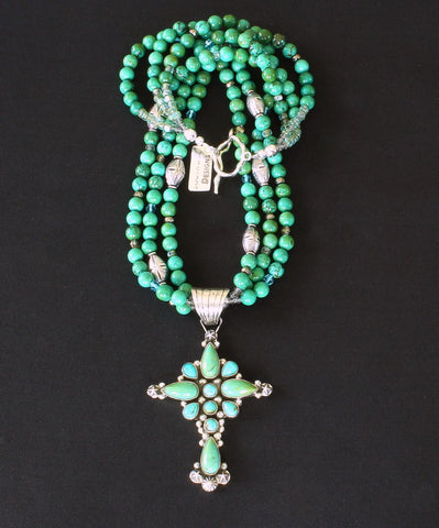 Dan Dodson 11-Stone Turquoise & Sterling Silver Cross with 3-Strand Turquoise Necklace