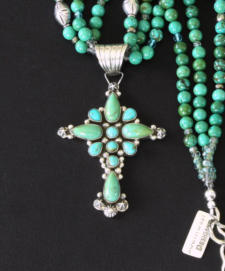 Dan Dodson 11-Stone Turquoise & Sterling Silver Cross with 3-Strand Turquoise Necklace