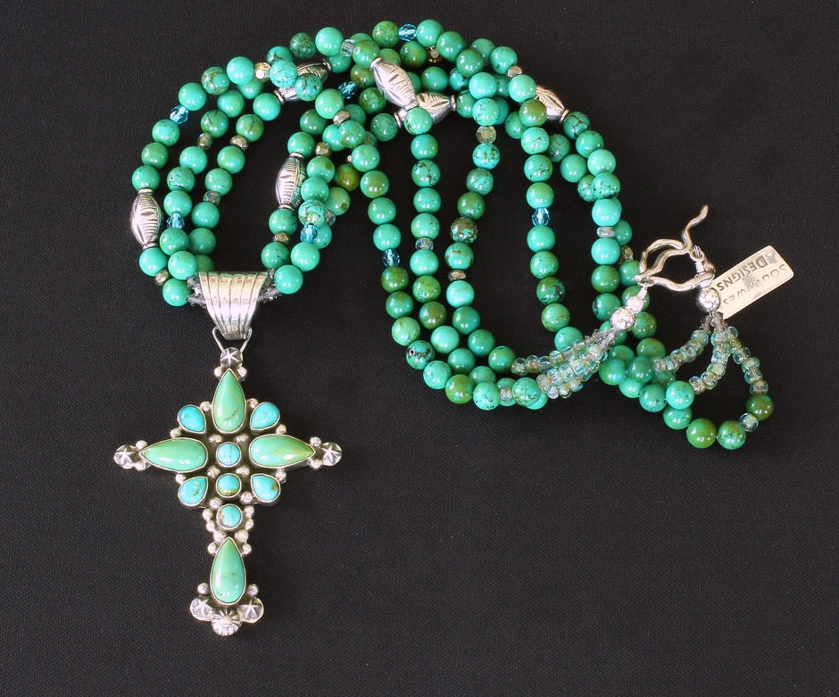 Dan Dodson 11-Stone Turquoise & Sterling Silver Cross with 3-Strand Turquoise Necklace