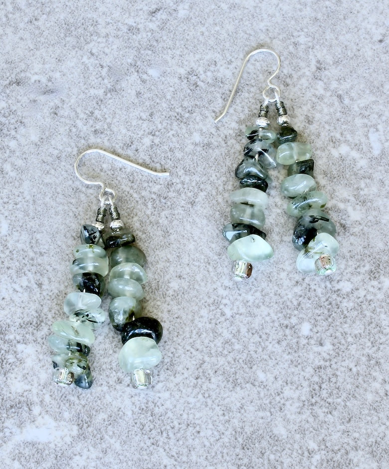 Fluorite Chip 2-Dangle Earrings with Glass Rondelles, Seed Beads and Sterling Silver