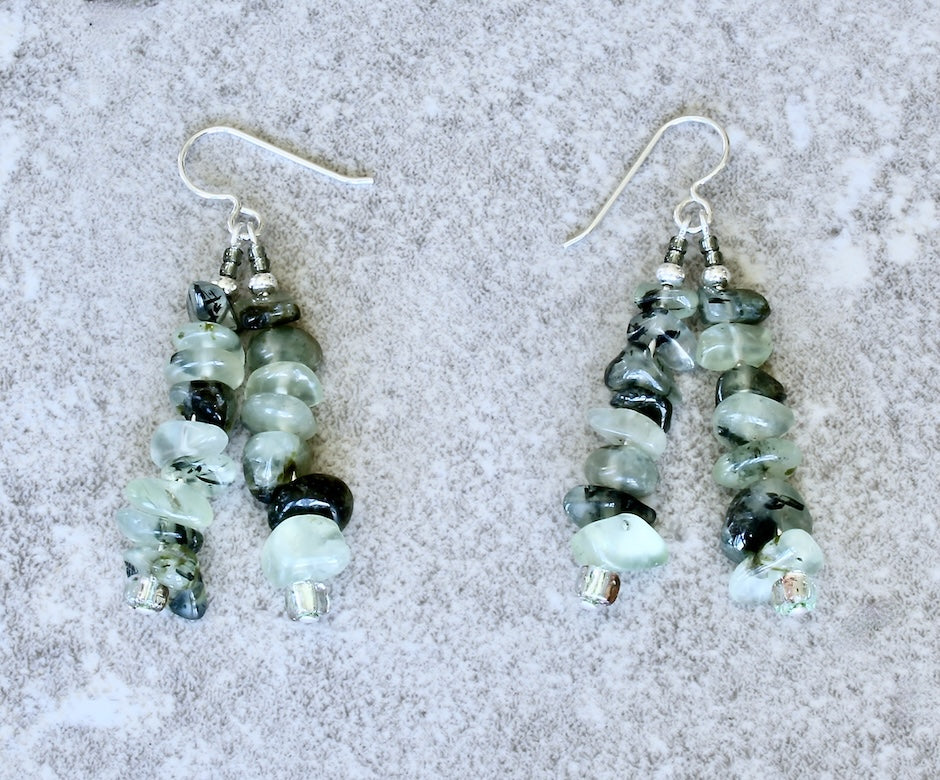 Fluorite Chip 2-Dangle Earrings with Glass Rondelles, Seed Beads and Sterling Silver