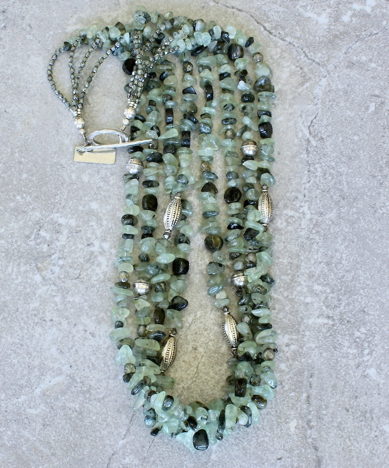 Fluorite Nugget 4-Strand Necklace with Green Tourmaline and Sterling Silver