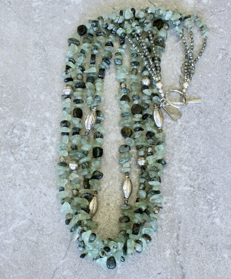 Fluorite Nugget 4-Strand Necklace with Green Tourmaline and Sterling Silver