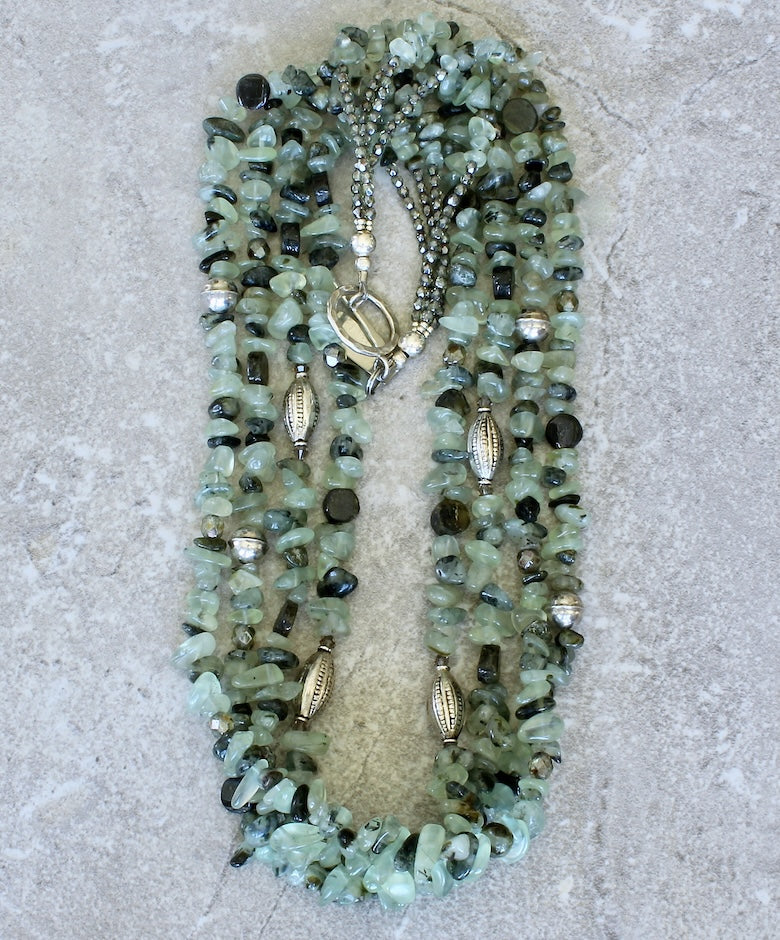 Fluorite Nugget 4-Strand Necklace with Green Tourmaline and Sterling Silver