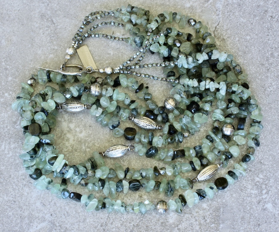 Fluorite Nugget 4-Strand Necklace with Green Tourmaline and Sterling Silver