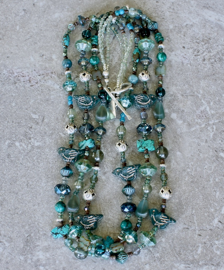 Gemstone and Czech Glass 3-Strand Necklace with Hill Tribe Silver Diamond Cut Rounds and a Sterling Silver Toggle Clasp