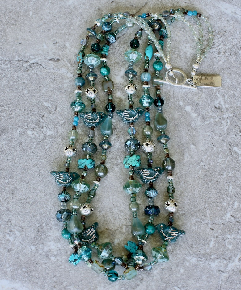 Gemstone and Czech Glass 3-Strand Necklace with Hill Tribe Silver Diamond Cut Rounds and a Sterling Silver Toggle Clasp