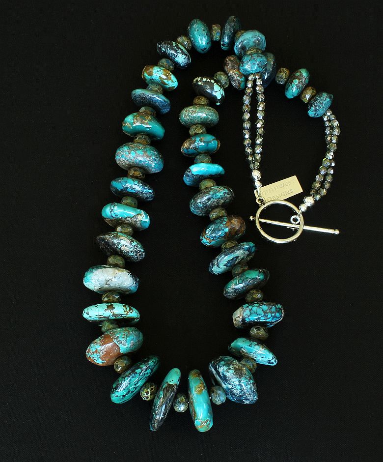 Turquoise Graduated Rondelle Bead Necklace with Czech Glass and Sterling Silver