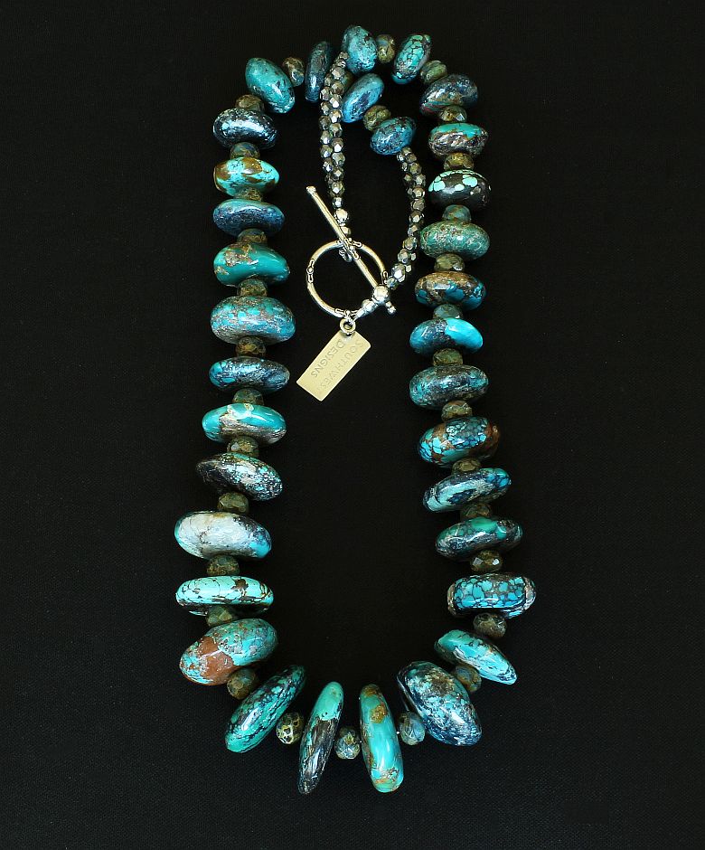 Turquoise Graduated Rondelle Bead Necklace with Czech Glass and Sterling Silver