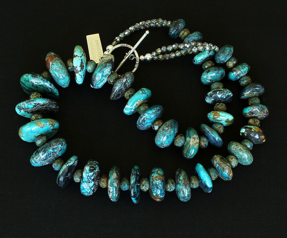 Turquoise Graduated Rondelle Bead Necklace with Czech Glass and Sterling Silver