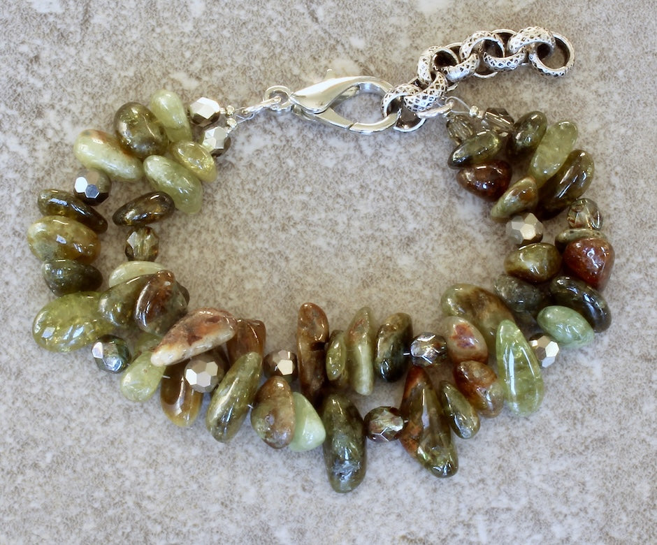 Green Garnet Nugget 2-Strand Bracelet with Czech Glass and a Silver Lobster Clasp