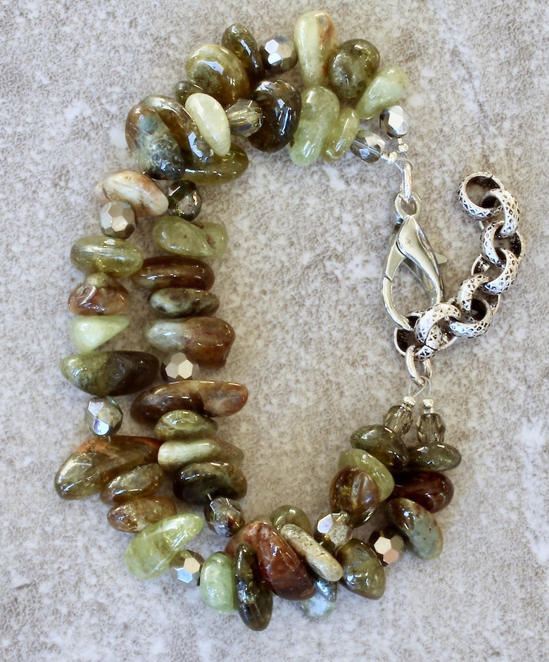Green Garnet Nugget 2-Strand Bracelet with Czech Glass and a Silver Lobster Clasp