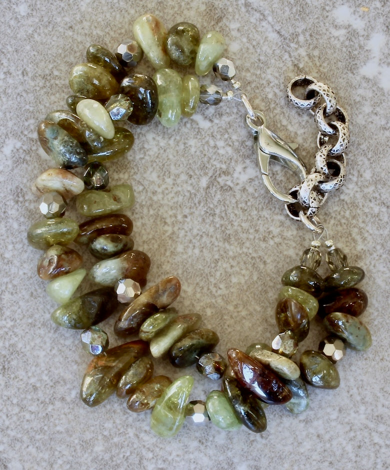 Green Garnet Nugget 2-Strand Bracelet with Czech Glass and a Silver Lobster Clasp