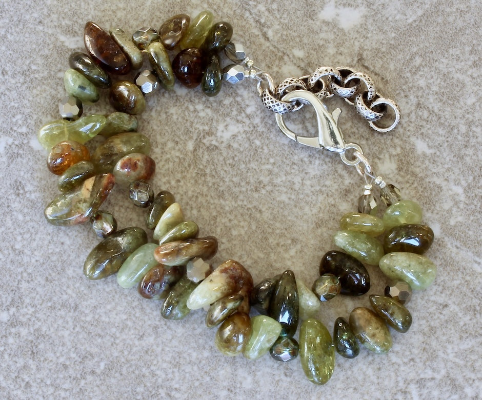 Green Garnet Nugget 2-Strand Bracelet with Czech Glass and a Silver Lobster Clasp